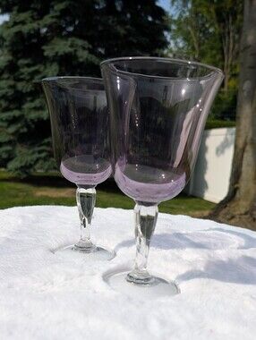 Cristal D’Arques Glass Large Water Goblets Amethyst Clear Fluted Stem Lot Of 2